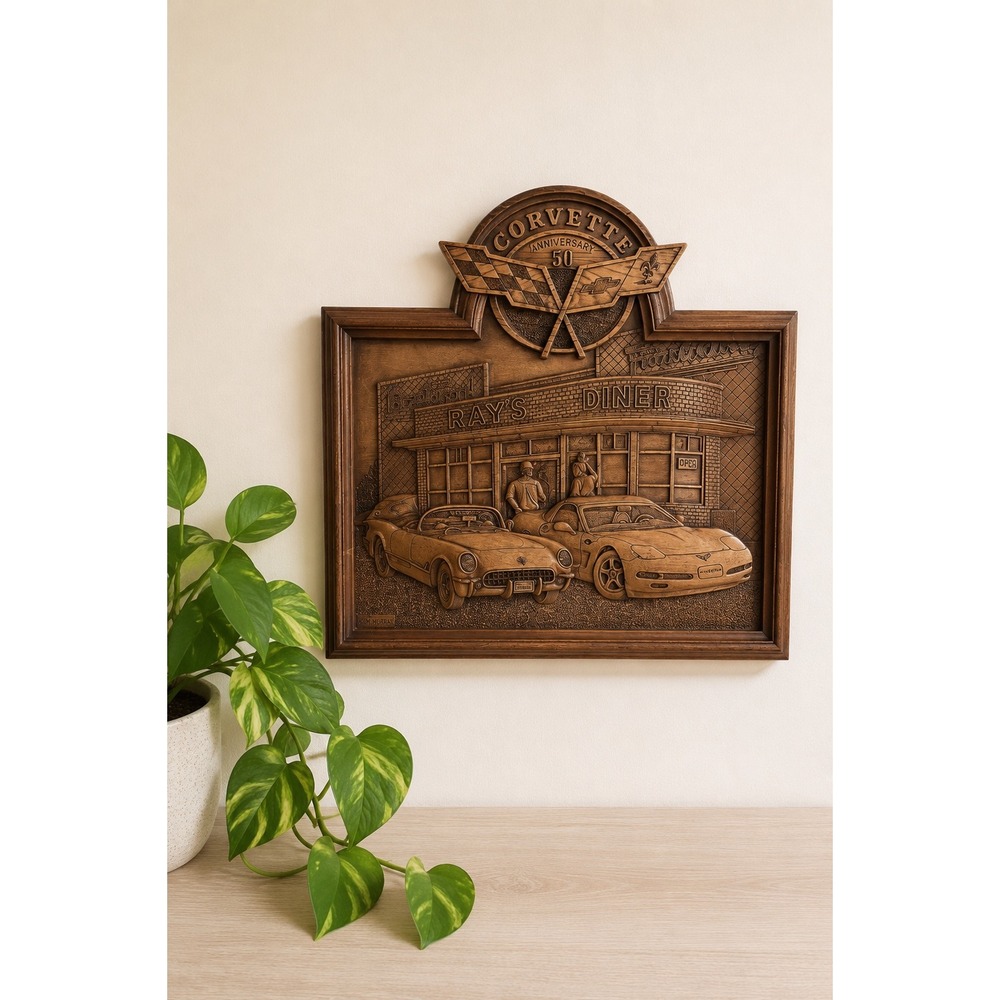 Kim Murray Corvette 50th Anniversary Wood Plaque Rays Diner Americana Art 3D